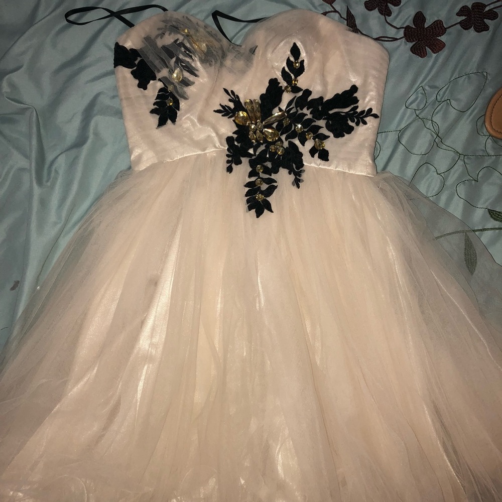 Nude With Black/Gold Flower Detail Prom Dress
